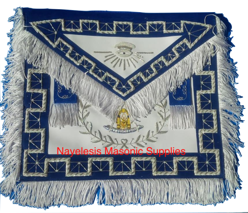 Blue Velvet Freemason Past Master Silver bullion With White Silky Fringe Delux Apron