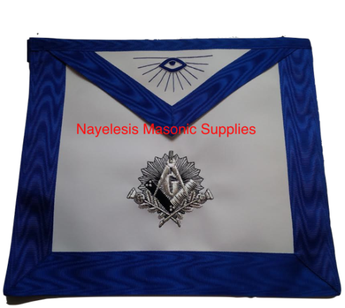 Antique Square And Compass Design Blue Lodge Master Mason Apron Embroidered with Silver Bullion Black Threads